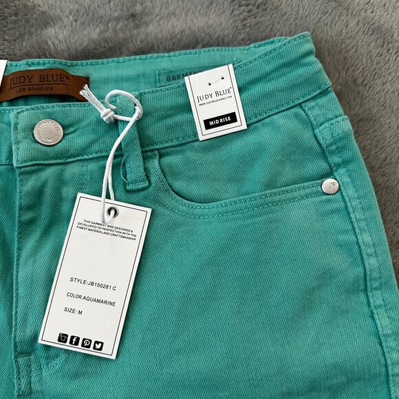 NWT Judy Blue Mid-Rise Cut-Off Shorts Aqua Blue Women's MEDIUM Stretch - Picture 2 of 7